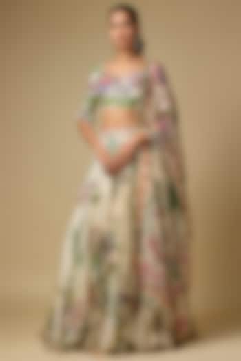 Ivory Organza Printed & Embroidered Bridal Lehenga Set by Mahima Mahajan at Pernia's Pop Up Shop