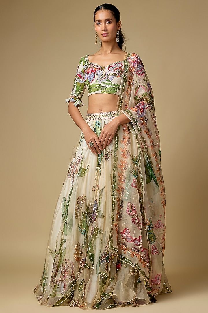 Ivory Organza Printed & Embroidered Bridal Lehenga Set by Mahima Mahajan at Pernia's Pop Up Shop