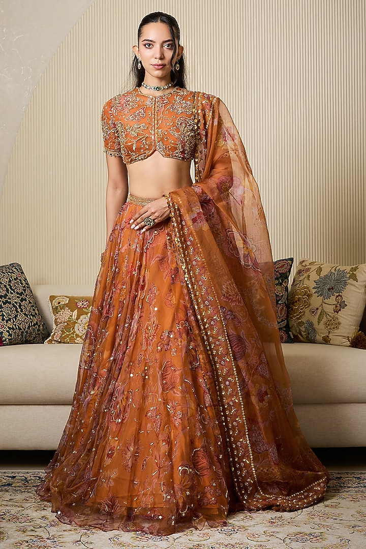 Chandan Yellow Silk Organza Printed & Embroidered Wedding Lehenga Set by Mahima Mahajan at Pernia's Pop Up Shop