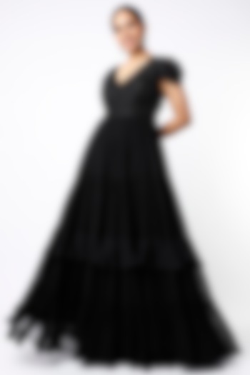 Black Embroidered Tiered Wedding Anarkali by Mahima Mahajan at Pernia's Pop Up Shop