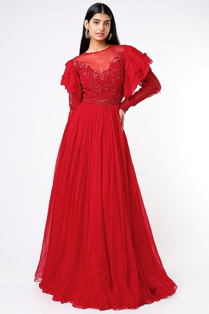 Red Embroidered Gown by Mahima Mahajan