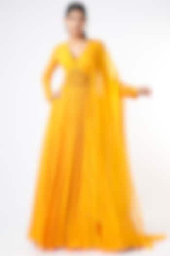 Yellow Embroidered Anarkali Set by Mahima Mahajan