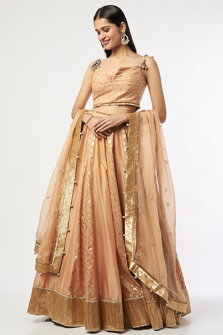 Nude Banarasi Chanderi Embroidered Wedding Lehenga Set by Mahima Mahajan at Pernia's Pop Up Shop