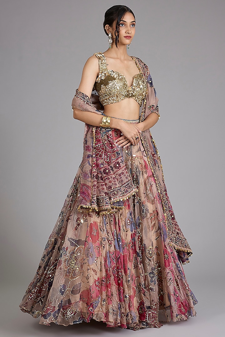 Beige Organza & Silk Hand Embroidered Bridal Lehenga Set by Mahima Mahajan at Pernia's Pop Up Shop