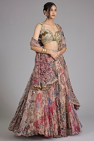 Beige Organza & Silk Hand Embroidered Lehenga Set by Mahima Mahajan