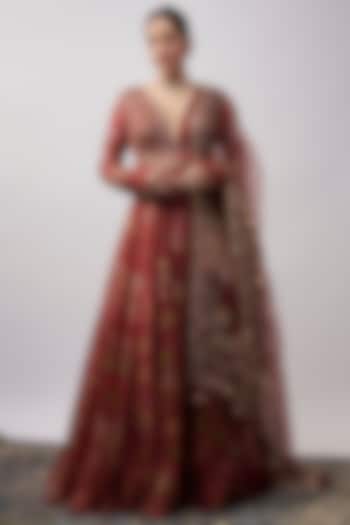 Red Organza Wedding Anarkali With Dupatta by Mahima Mahajan at Pernia's Pop Up Shop