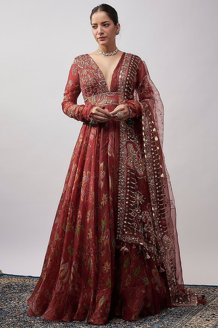 Red Organza Wedding Anarkali With Dupatta by Mahima Mahajan at Pernia's Pop Up Shop