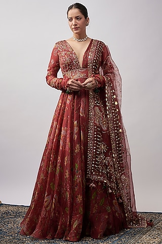 Red Organza Anarkali With Dupatta by Mahima Mahajan
