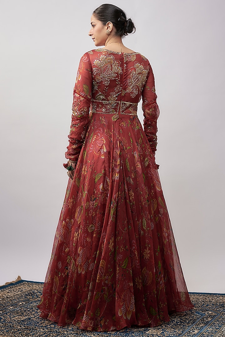 Red Organza Wedding Anarkali With Dupatta by Mahima Mahajan at Pernia's Pop Up Shop