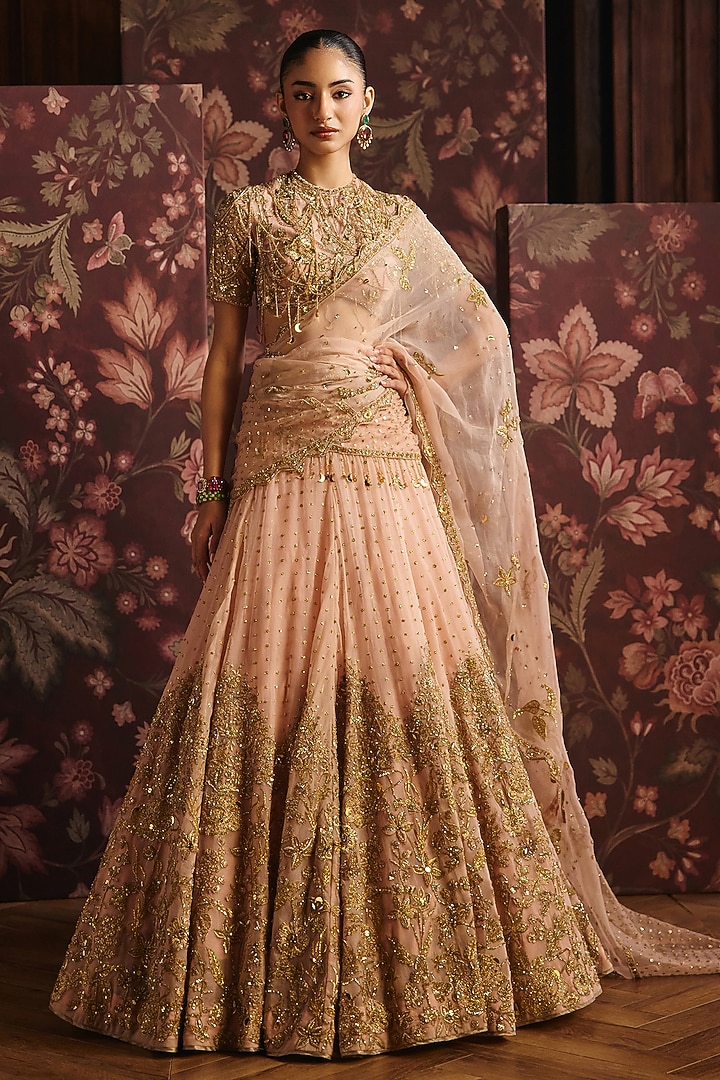 Pink Silk Organza Zardosi Hand & Machine Embroidered Bridal Lehenga Set by Mahima Mahajan at Pernia's Pop Up Shop