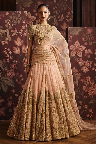 Pink Silk Organza Zardosi Hand & Machine Embroidered Lehenga Set by mahima mahajan