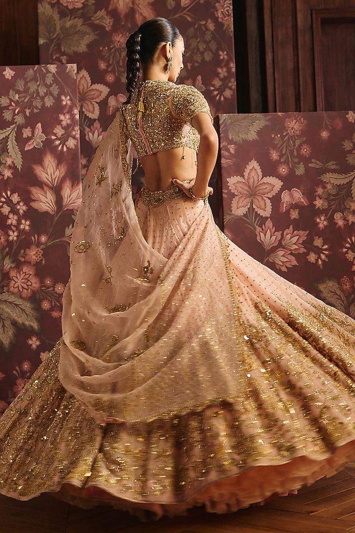 Pink Silk Organza Zardosi Hand & Machine Embroidered Bridal Lehenga Set by Mahima Mahajan at Pernia's Pop Up Shop