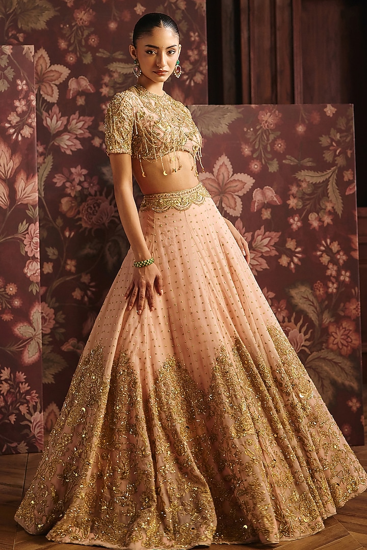 Pink Silk Organza Zardosi Hand & Machine Embroidered Bridal Lehenga Set by Mahima Mahajan at Pernia's Pop Up Shop