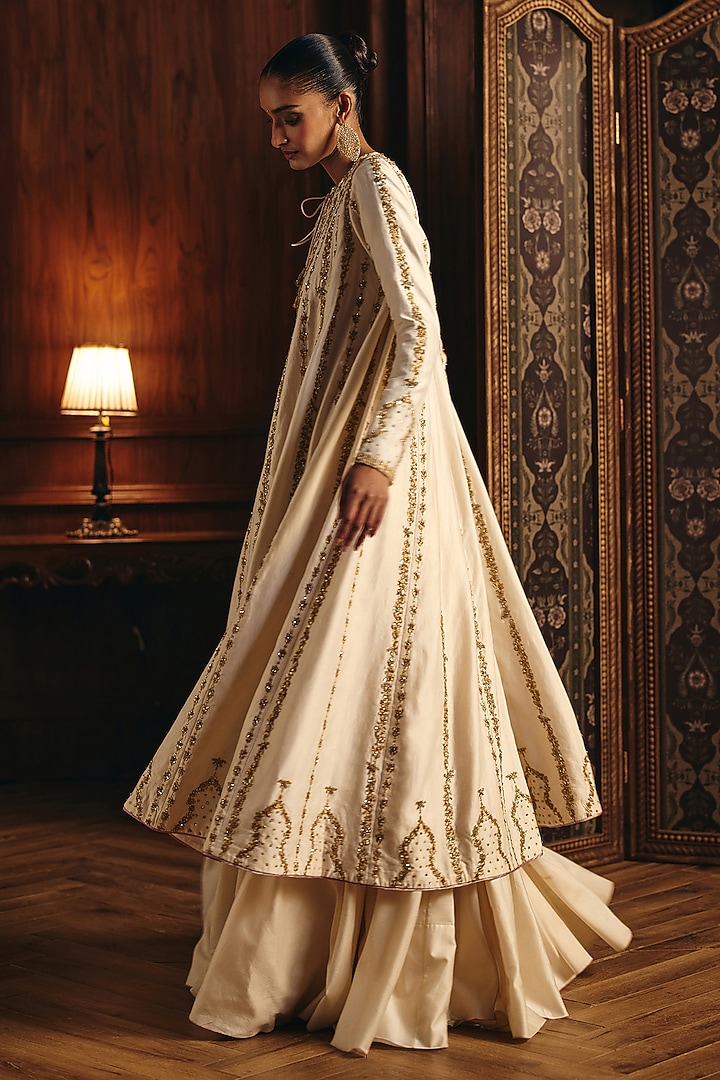Ivory & Gold Silk Chanderi Embroidered Bridal Anarkali Set by Mahima Mahajan at Pernia's Pop Up Shop