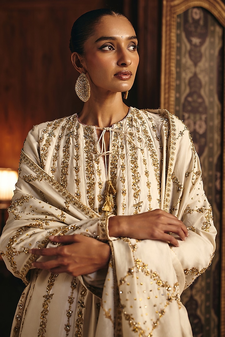 Ivory & Gold Silk Chanderi Embroidered Bridal Anarkali Set by Mahima Mahajan at Pernia's Pop Up Shop