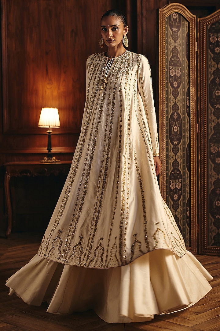 Ivory & Gold Silk Chanderi Embroidered Bridal Anarkali Set by Mahima Mahajan at Pernia's Pop Up Shop