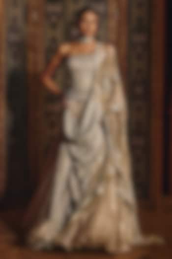 Silver Silk Tissue Embroidered Bridal Lehenga Set by Mahima Mahajan at Pernia's Pop Up Shop