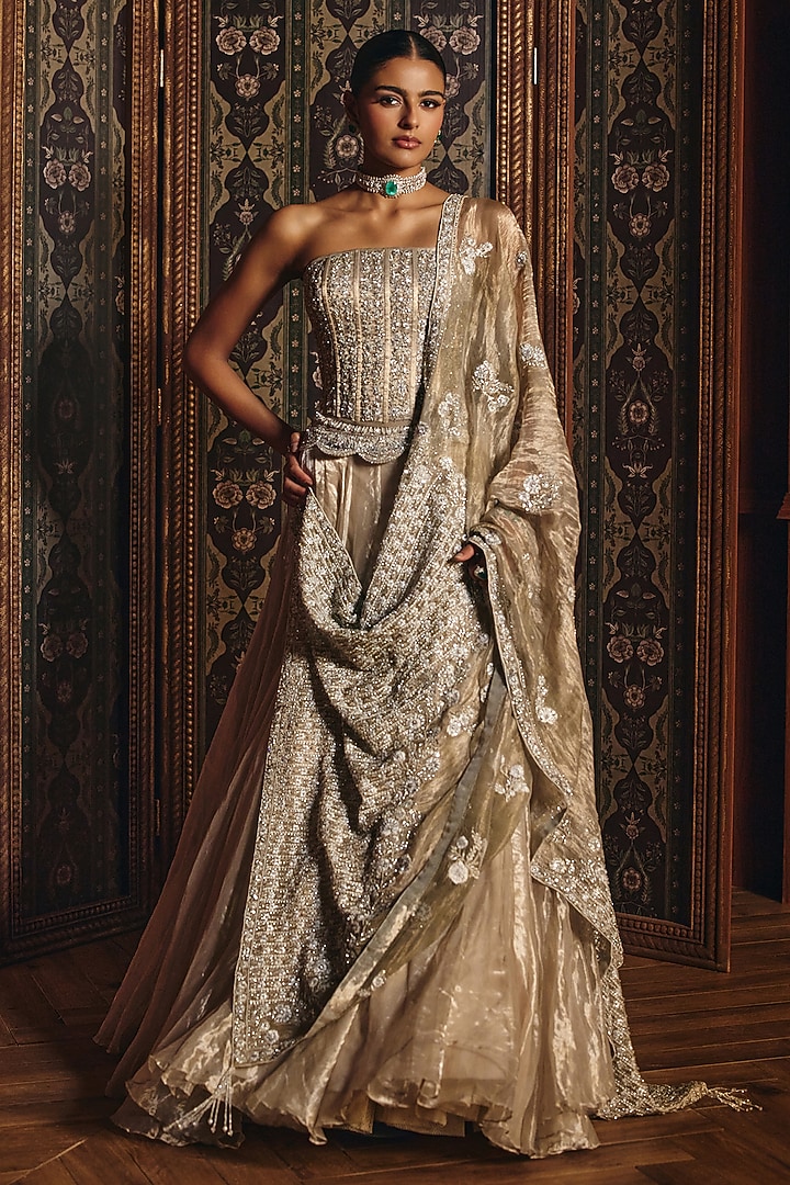 Silver Silk Tissue Embroidered Bridal Lehenga Set by Mahima Mahajan at Pernia's Pop Up Shop