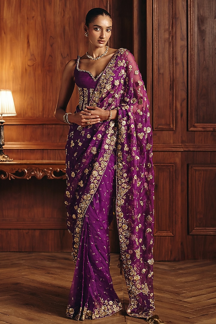 Purple Silk Chanderi Zardosi Embroidered Reception Saree Set by Mahima Mahajan at Pernia's Pop Up Shop