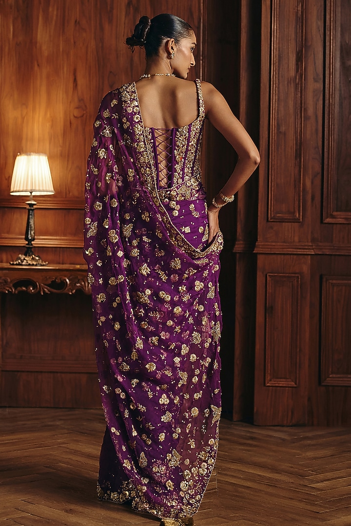 Purple Silk Chanderi Zardosi Embroidered Reception Saree Set by Mahima Mahajan at Pernia's Pop Up Shop