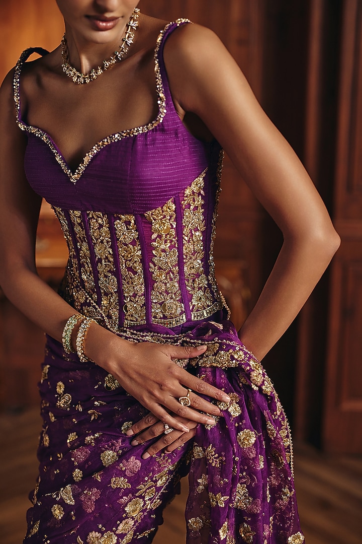 Purple Silk Chanderi Zardosi Embroidered Reception Saree Set by Mahima Mahajan at Pernia's Pop Up Shop