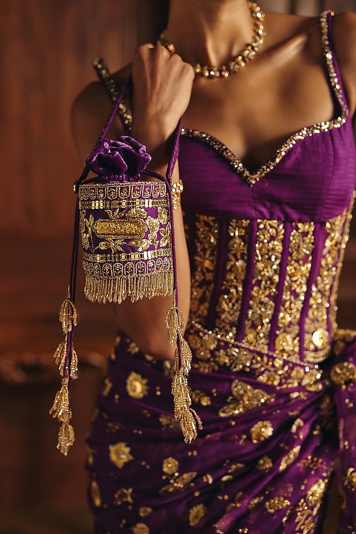 Purple Silk Chanderi Zardosi Embroidered Reception Saree Set by Mahima Mahajan at Pernia's Pop Up Shop