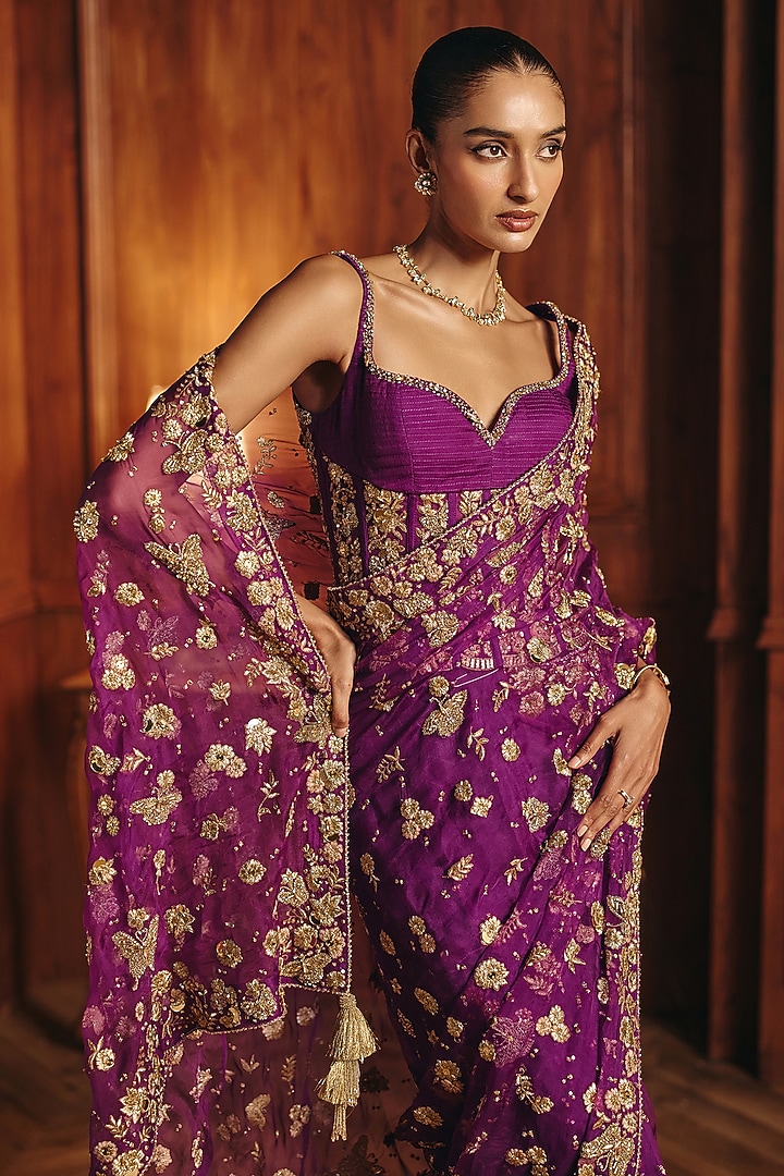 Purple Silk Chanderi Zardosi Embroidered Reception Saree Set by Mahima Mahajan at Pernia's Pop Up Shop