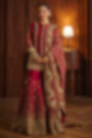 Red Silk Chanderi Embellished Flared Bridal Sharara Set by Mahima Mahajan at Pernia's Pop Up Shop