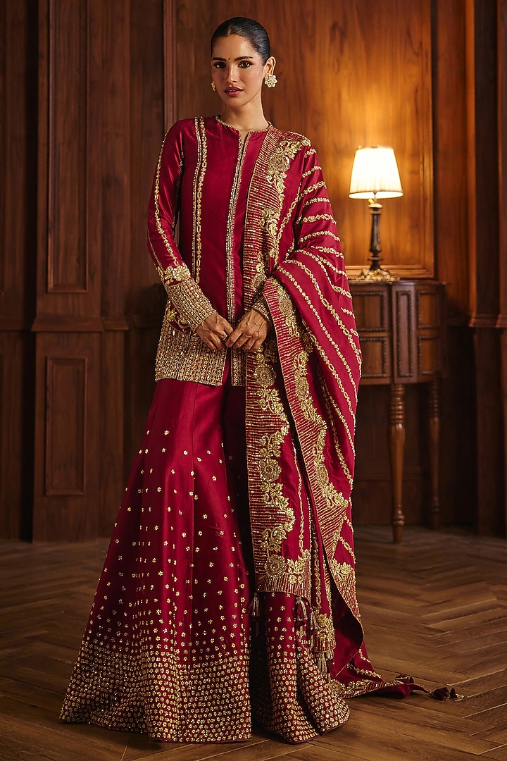 Red Silk Chanderi Embellished Flared Bridal Sharara Set by Mahima Mahajan at Pernia's Pop Up Shop