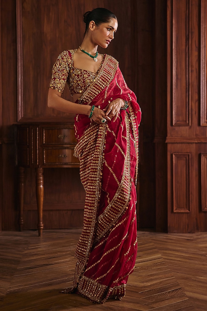 Red Silk Organza Hand & Machine Embroidered Bridal Saree Set by Mahima Mahajan at Pernia's Pop Up Shop