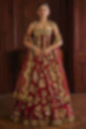 Crimson Red Silk Organza Zardosi Embroidered Bridal Bridal Lehenga Set by Mahima Mahajan at Pernia's Pop Up Shop