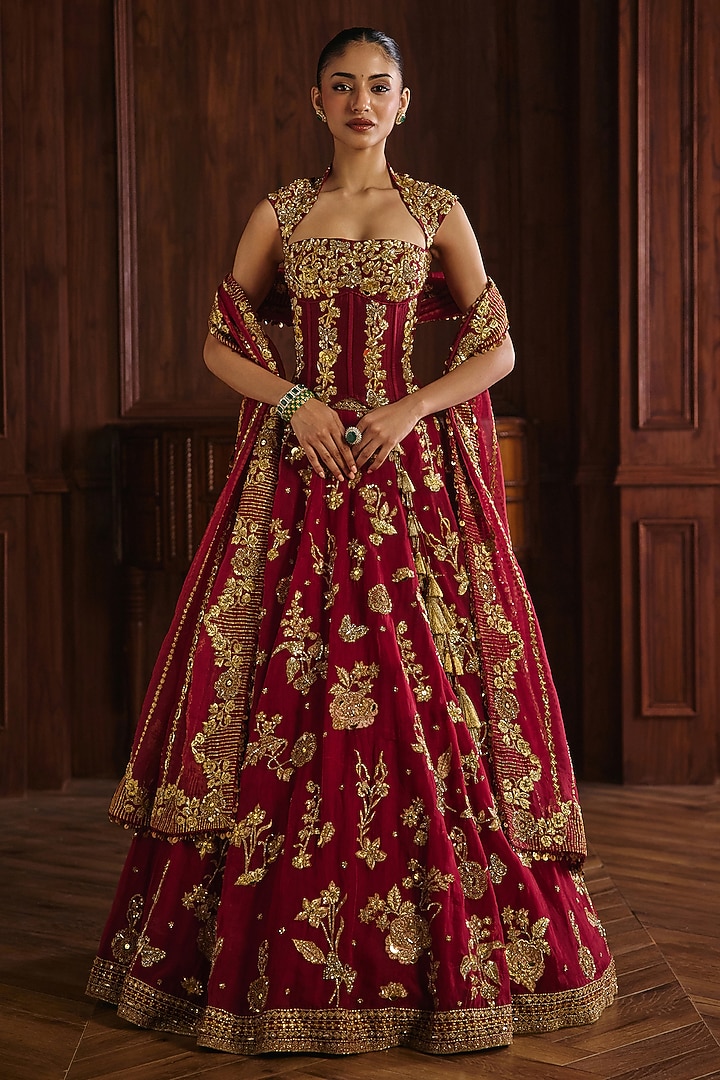 Crimson Red Silk Organza Zardosi Embroidered Bridal Bridal Lehenga Set by Mahima Mahajan at Pernia's Pop Up Shop