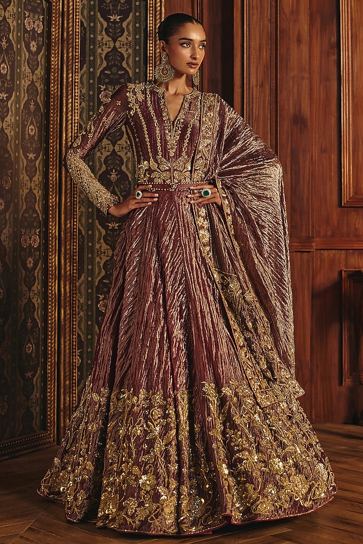 Opulent Red Silk Tissue Hand & Machine Embroidered Bridal Anarkali Set by Mahima Mahajan at Pernia's Pop Up Shop