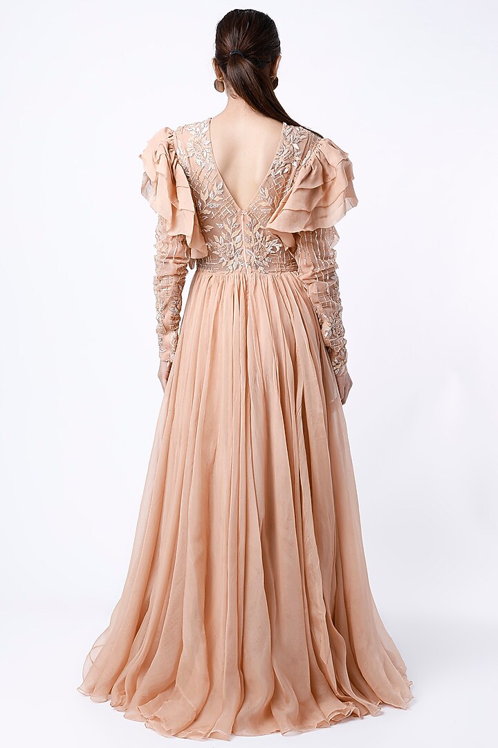 Nude Embroidered Anarkali Engagement Gown by Mahima Mahajan at Pernia's Pop Up Shop