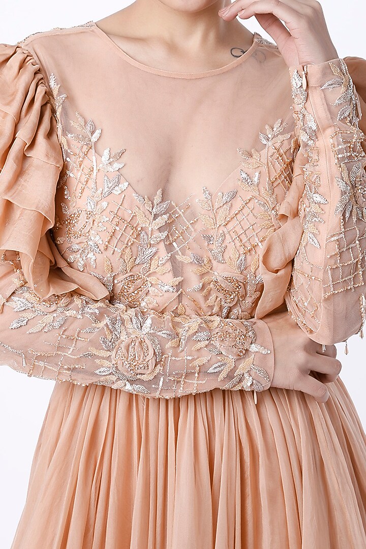 Nude Embroidered Anarkali Engagement Gown by Mahima Mahajan at Pernia's Pop Up Shop