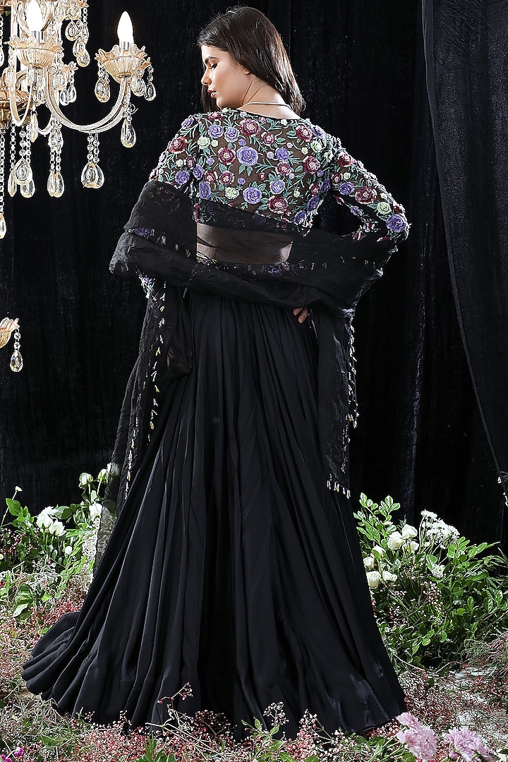 Black Satin Embroidered Wedding Lehenga Set by Mahima Mahajan at Pernia's Pop Up Shop