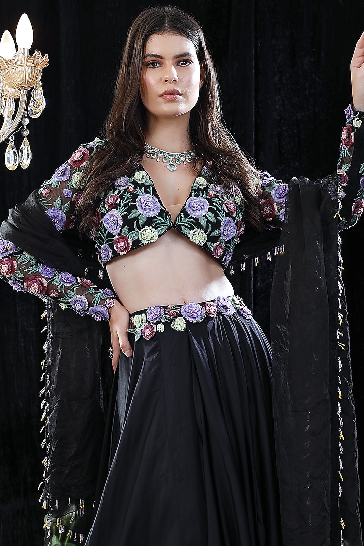 Black Satin Embroidered Wedding Lehenga Set by Mahima Mahajan at Pernia's Pop Up Shop