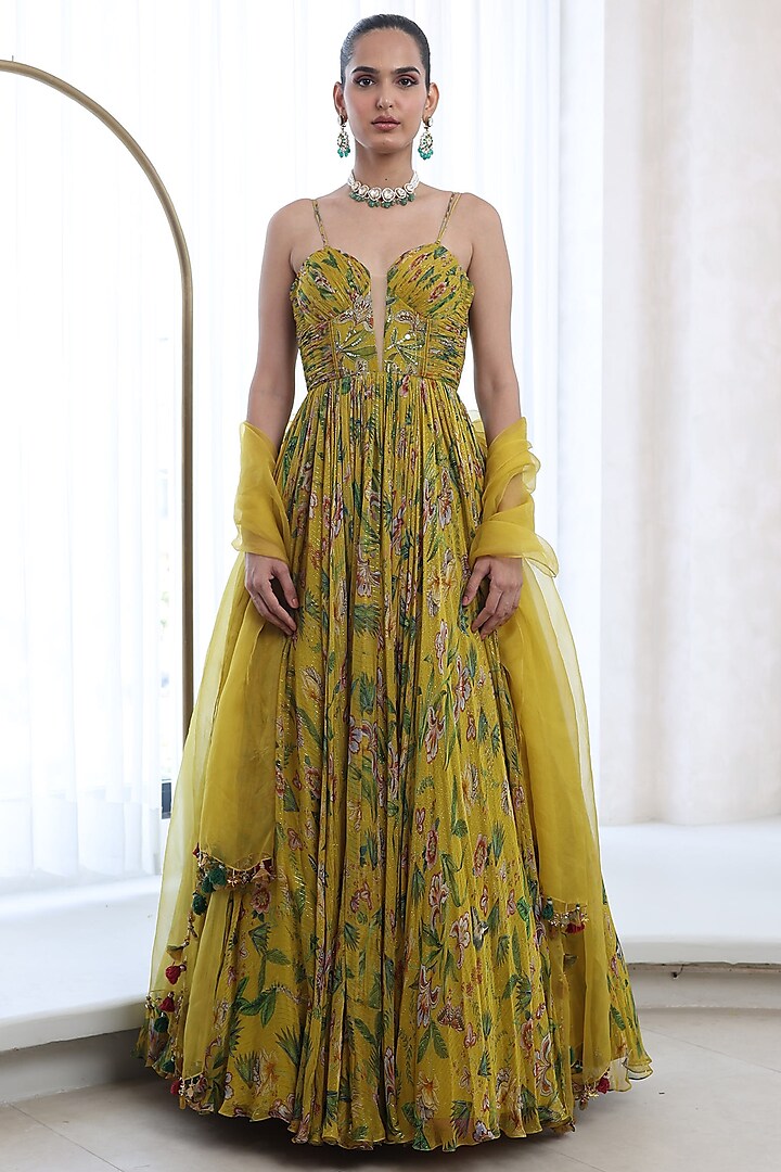 Yellow Organza & Shantoon Embroidered Wedding Anarkali Set by Mahima Mahajan at Pernia's Pop Up Shop