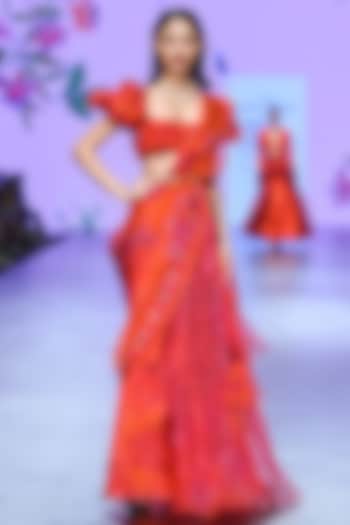 Orange Organza & Cotton Lycra Pre-Draped Wedding Saree Set by Mahima Mahajan at Pernia's Pop Up Shop