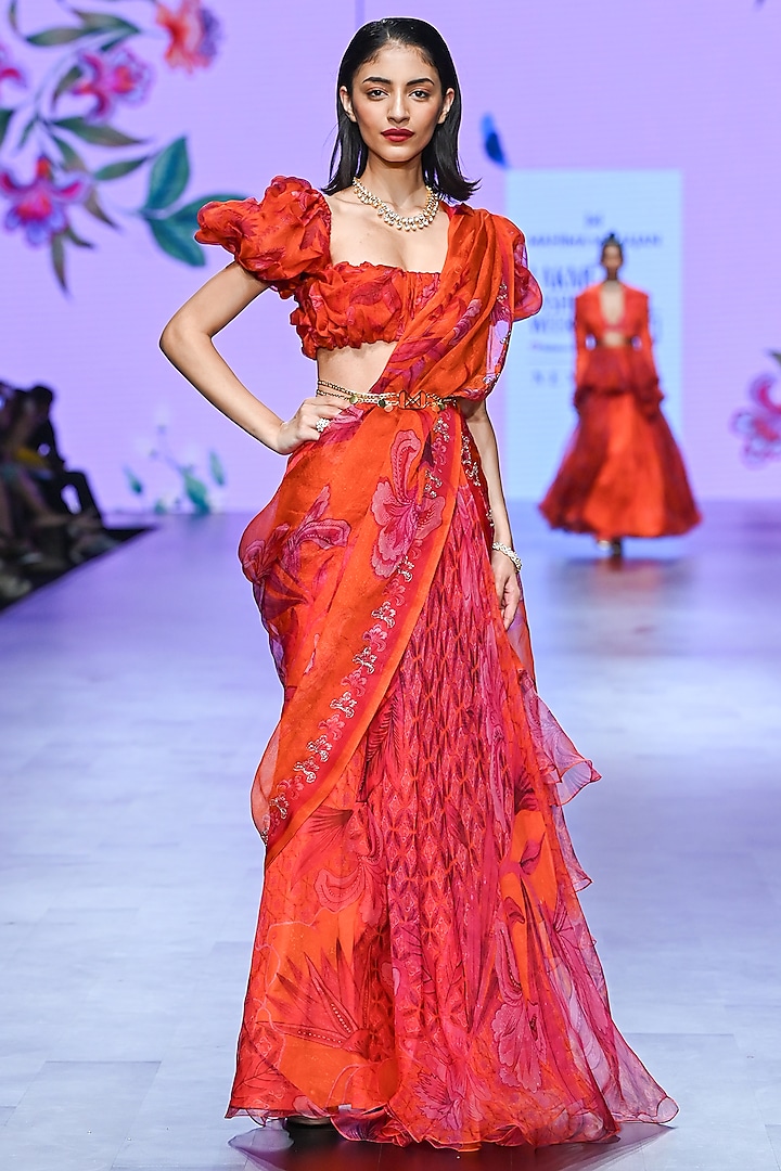 Orange Organza & Cotton Lycra Pre-Draped Wedding Saree Set by Mahima Mahajan at Pernia's Pop Up Shop