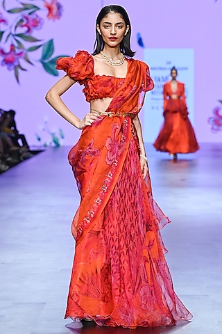 Orange Organza & Cotton Lycra Pre-Draped Saree Set by Mahima Mahajan
