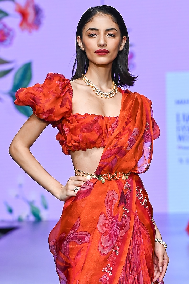 Orange Organza & Cotton Lycra Pre-Draped Wedding Saree Set by Mahima Mahajan at Pernia's Pop Up Shop