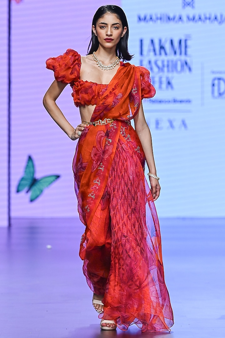 Orange Organza & Cotton Lycra Pre-Draped Wedding Saree Set by Mahima Mahajan at Pernia's Pop Up Shop