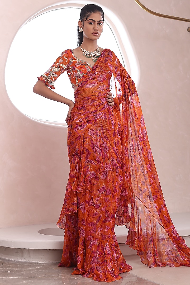 Orange Lurex Chiffon Pre-Draped Saree Set by Mahima Mahajan