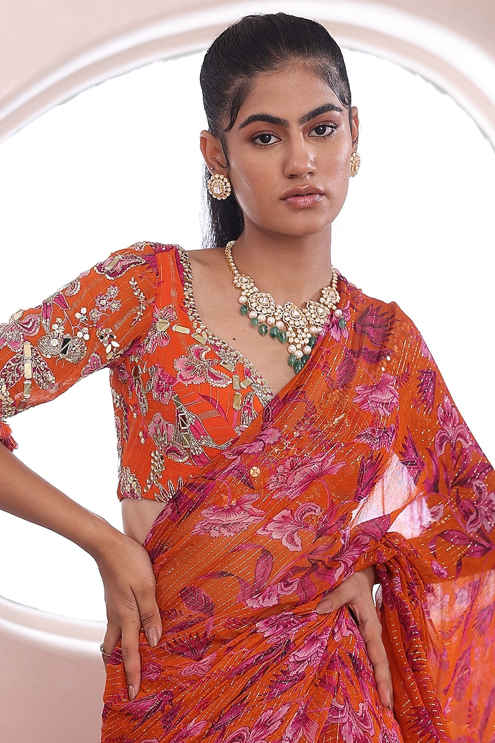 Orange Lurex Chiffon Pre-Draped Wedding Saree Set by Mahima Mahajan at Pernia's Pop Up Shop