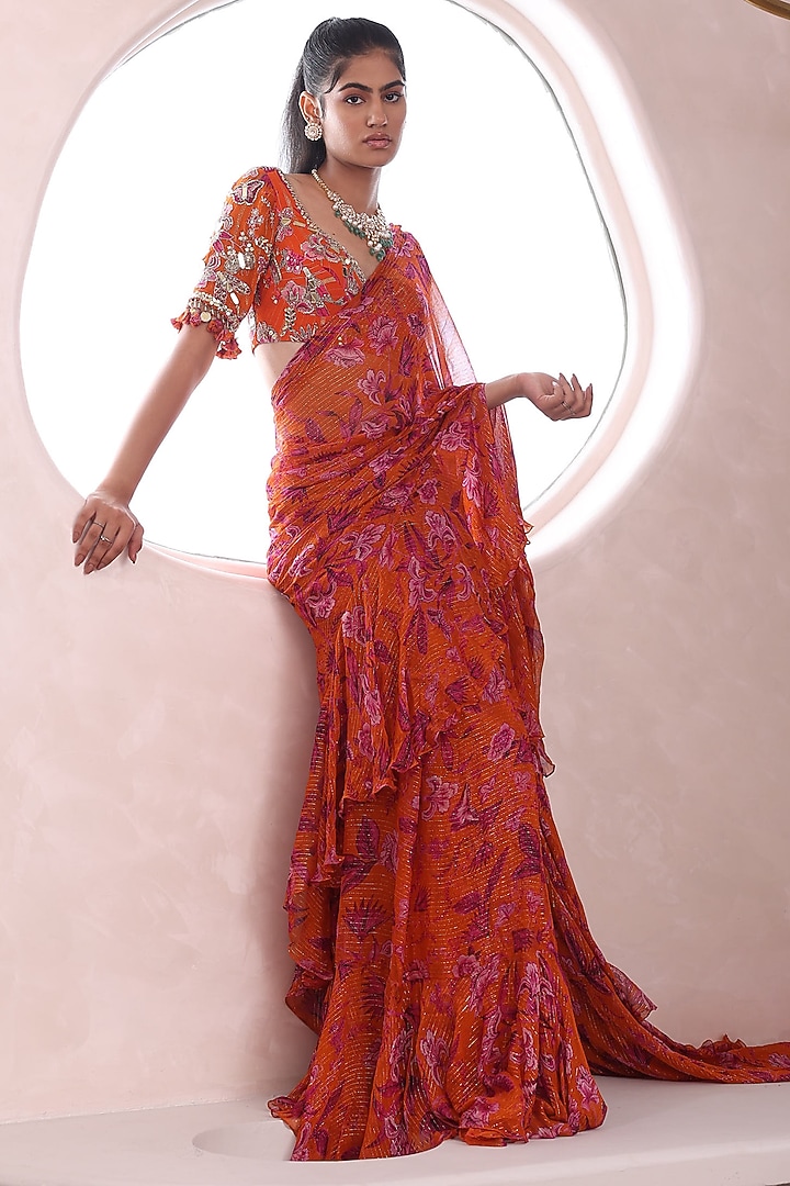 Orange Lurex Chiffon Pre-Draped Wedding Saree Set by Mahima Mahajan at Pernia's Pop Up Shop