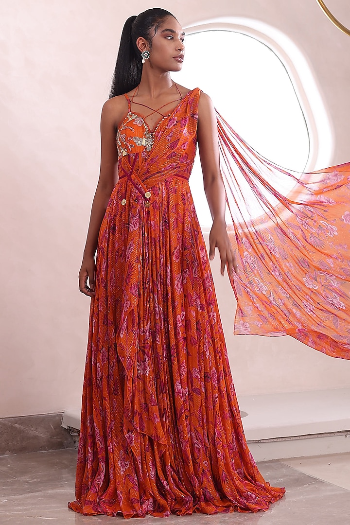 Orange Lurex Chiffon Embroidered Gown by Mahima Mahajan
