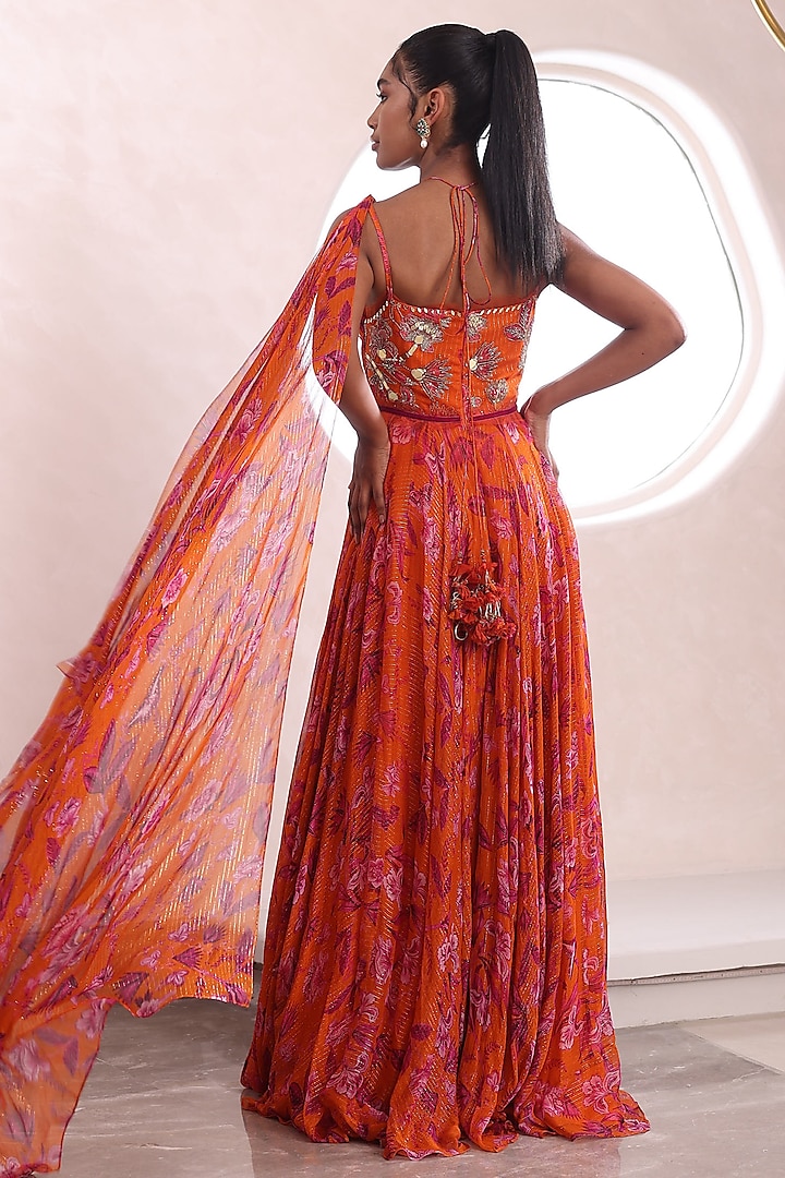 Orange Lurex Chiffon Embroidered Engagement Gown by Mahima Mahajan at Pernia's Pop Up Shop