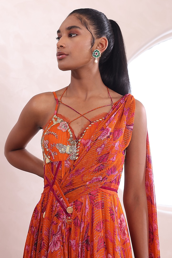 Orange Lurex Chiffon Embroidered Engagement Gown by Mahima Mahajan at Pernia's Pop Up Shop