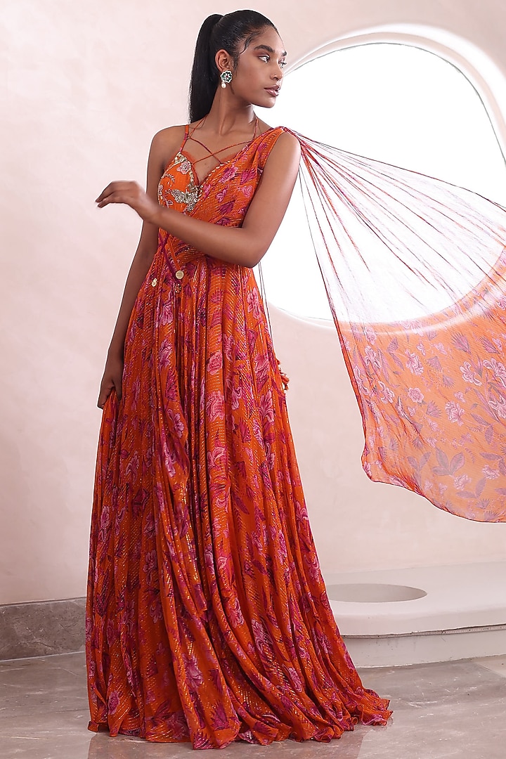 Orange Lurex Chiffon Embroidered Engagement Gown by Mahima Mahajan at Pernia's Pop Up Shop